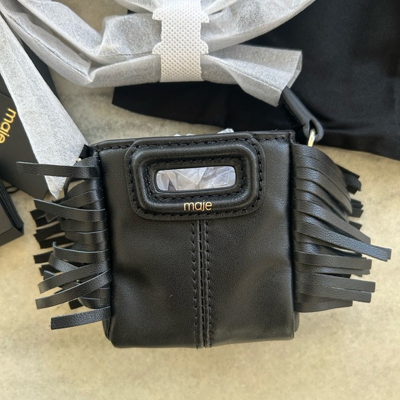 Maje mini micro nano bag black leather with fringe for AirPod NWT dust bag strap - Picture 1 of 6